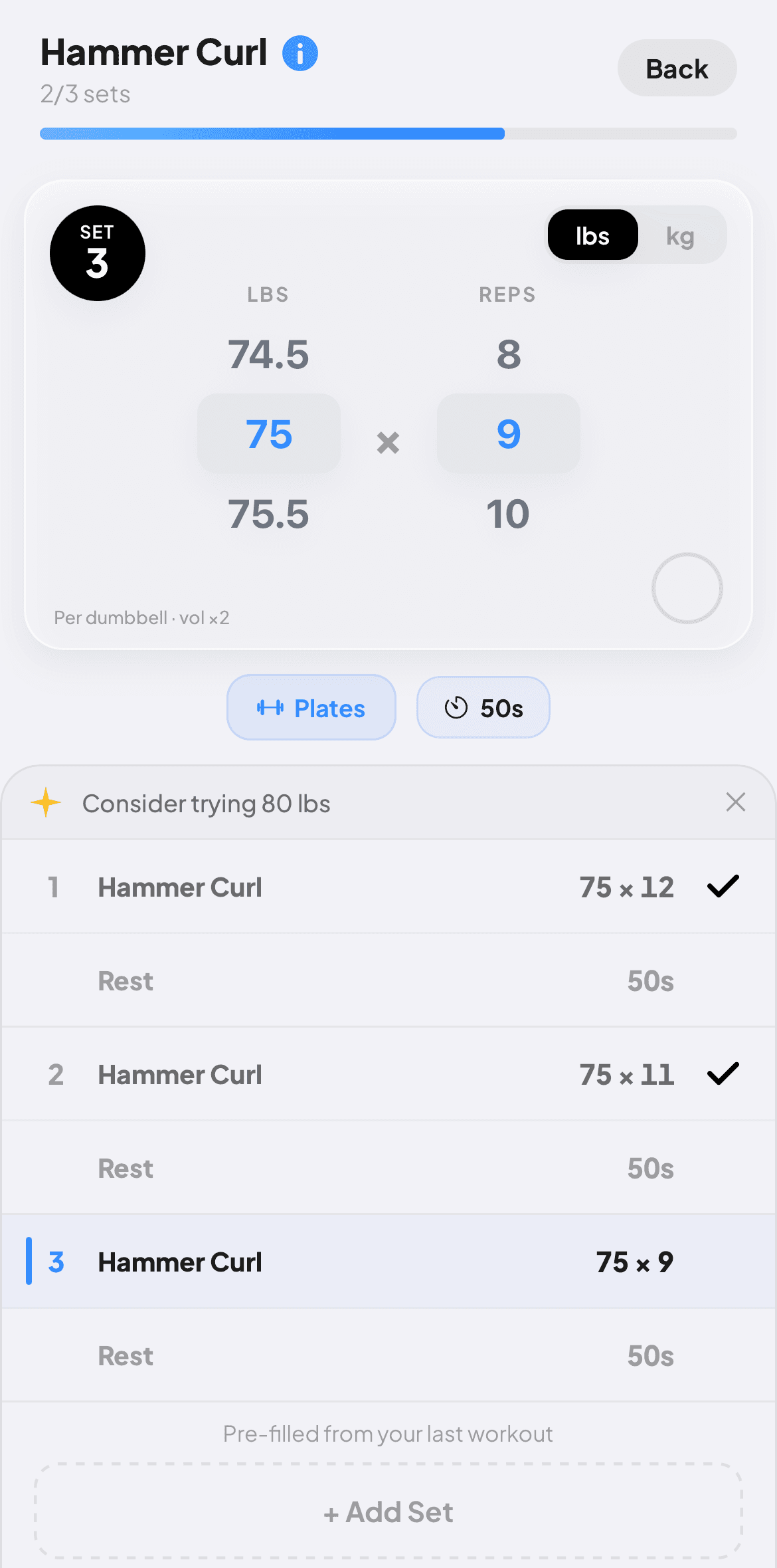 Workout tracking with weight and rep picker