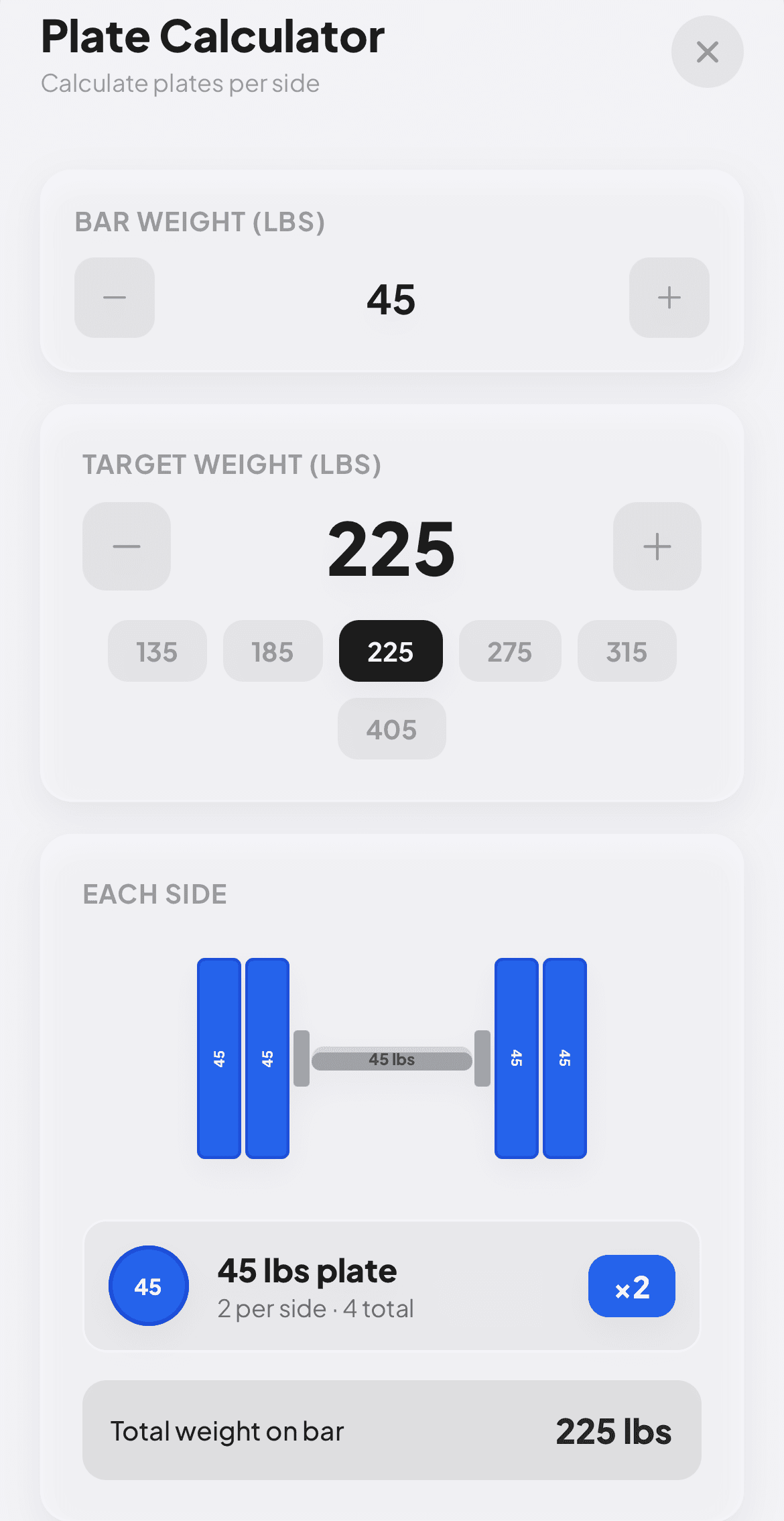 Plate calculator with visual breakdown